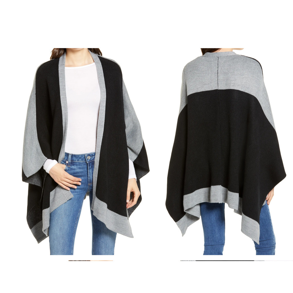 Rebecca Minkoff Colorblock Ruana Poncho in Black Gray. ~ OS